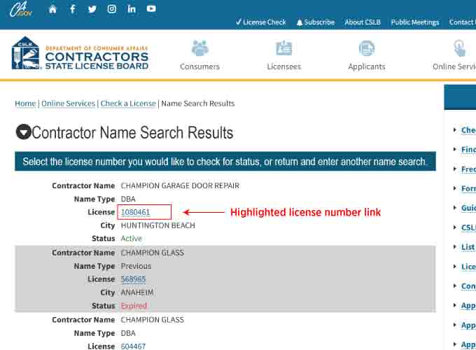 Click the Highlighted License Number Link