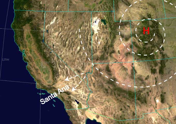 Map showing high pressure over the Great Basin driving Santa Ana winds toward Southern California.
