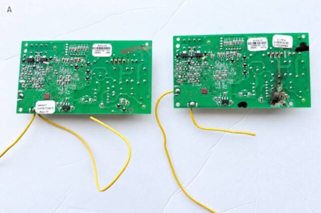 Garage Door Opener Logic Board Replacement Two garage door opener logic boards shown side by side for comparison