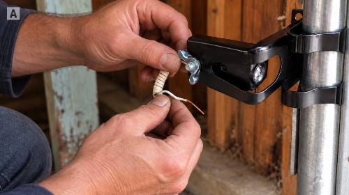 Technician working on a garage door safety sensor